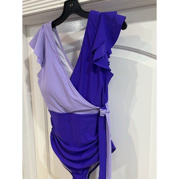 Blooming Jelly Swimsuit Slimming Purple One Piece Cross Cross Ruffle Sz XL Beach - Picture 3 of 7